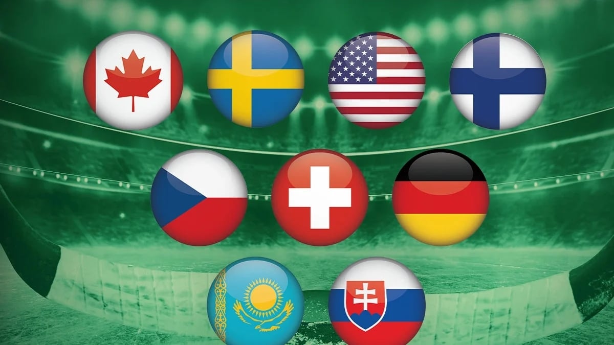 Nio landslagsflaggor i rund form representerar deltagande nationer i JVM 2024–2025, placerade över en ishockeyrink.