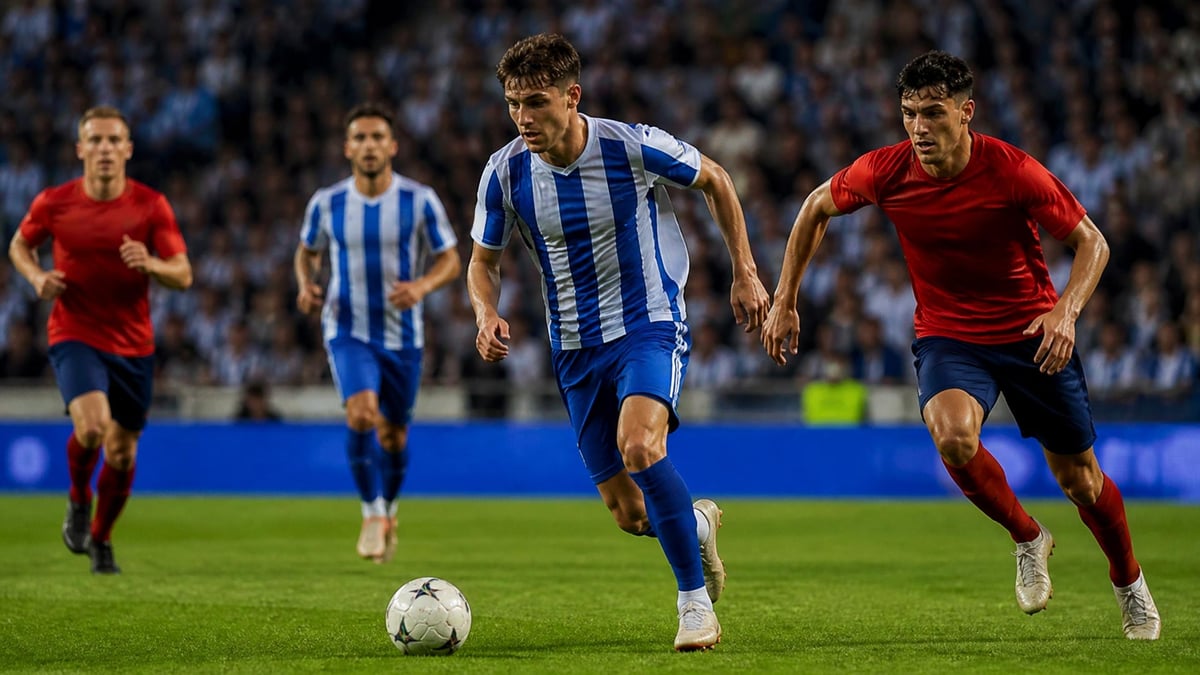 Två lag i Allsvenskan, ett med blåvita ränder, ett med röda tröjer och mörkblå shorts