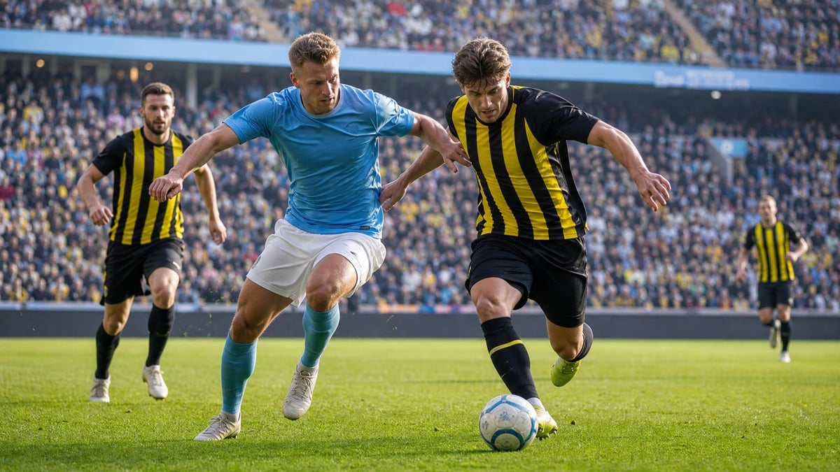 Två spelare tävlar om bollen i en fotbollsmatch.