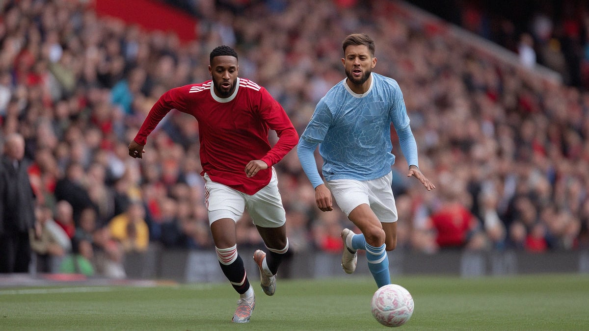 Två fotbollsspelare i kamp om en fotboll i Premier League.