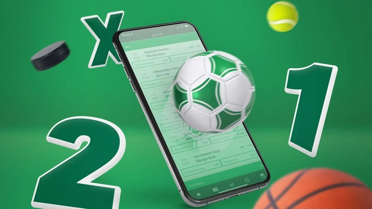 En mobilskärm med en bettingsida visas, omgiven av en fotboll, en hockeypuck, en basketboll och siffrorna 1, X och 2 på en grön bakgrund.
