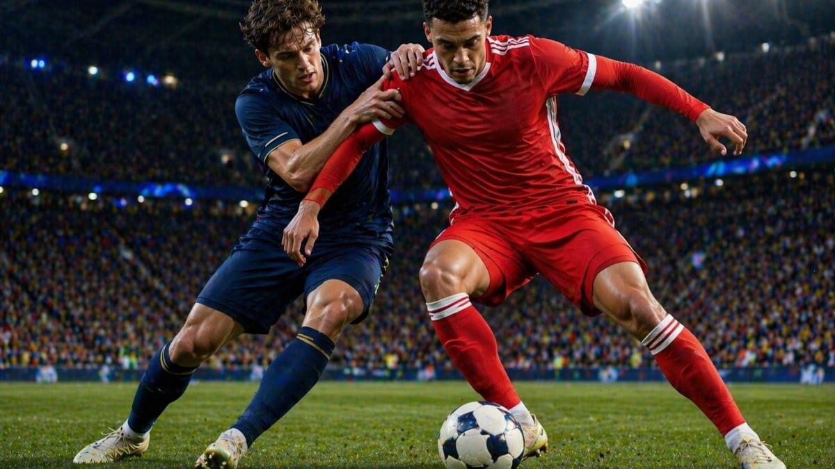 Två spelare gör upp om bollen i Champions League.