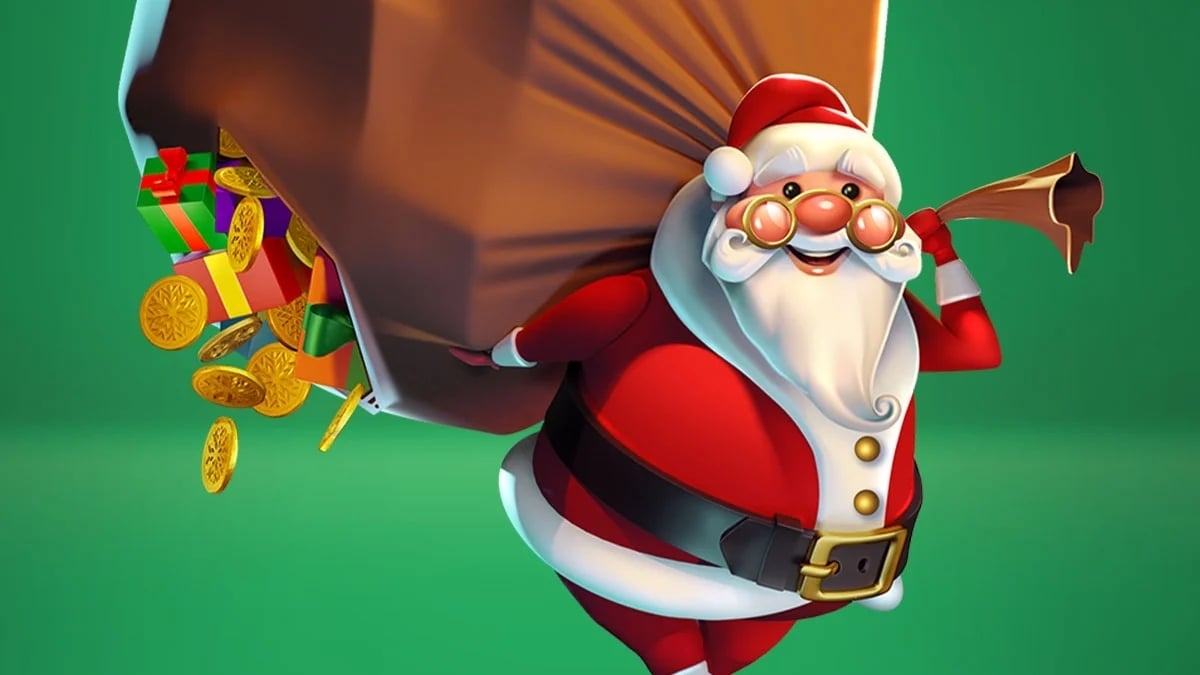 Tecknad jultomte med stor säck fylld med presenter och guldmynt, leende och redo att dela ut julklappar.
