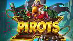 Färgstark piratpapegoja med ögonlapp och sabel ovanför en träskylt med spelets titel "Pirots" i gyllene bokstäver, med en skattkarta i bakgrunden.