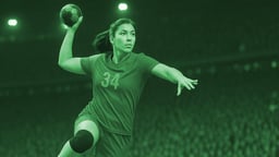 En handbollsspelare hoppar i luften, redo att göra mål.